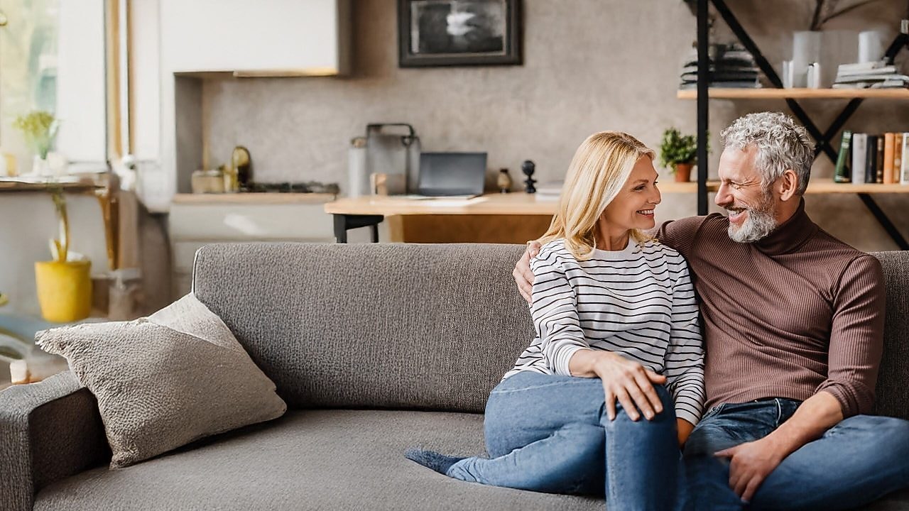 Ein Paar sitzt auf dem Sofa und lacht. Der Raum sieht warm und gemütlich aus.