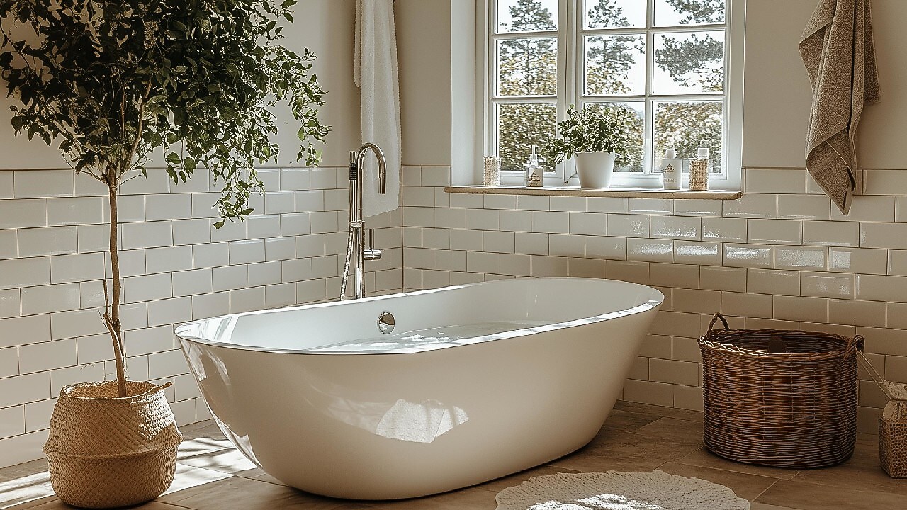 Eine moderne Badwann mit warmen Wasser in einem modernen Bad