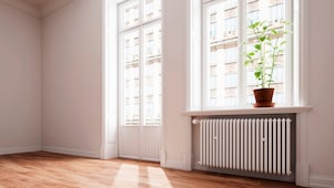 Eine leere Altbauwohnung mit Balkon und Heizung unter dem Fenster und einer Pflanze auf dem Fensterbrett.