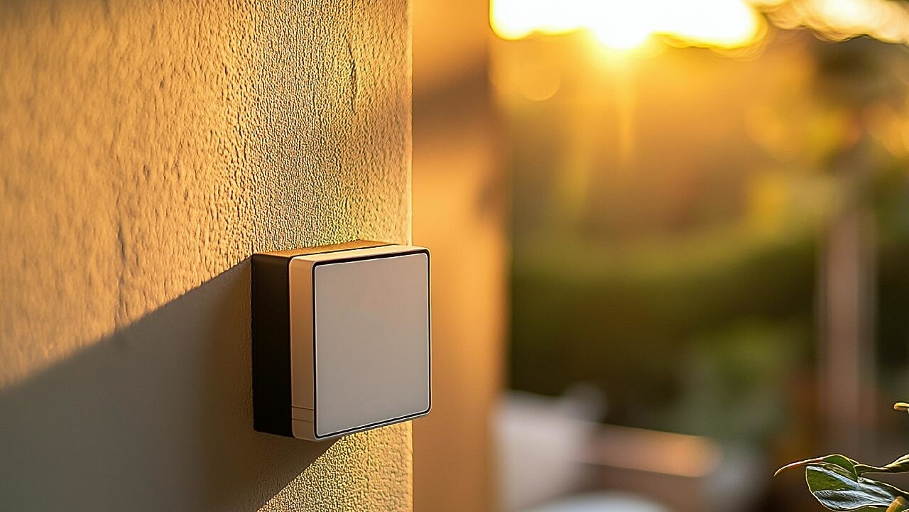 Ein Außentemperaturfühler an einer Hauswand.