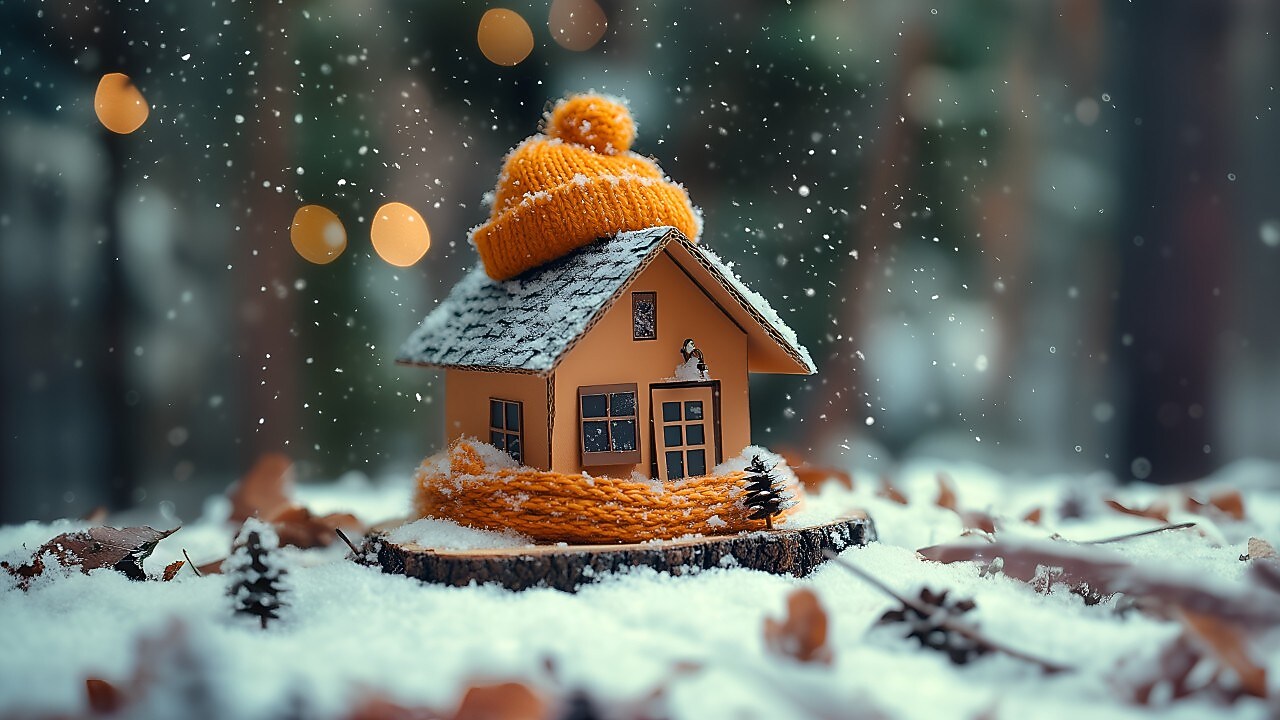 Ein Karton-Haus mit Mütze und Schal im Winter