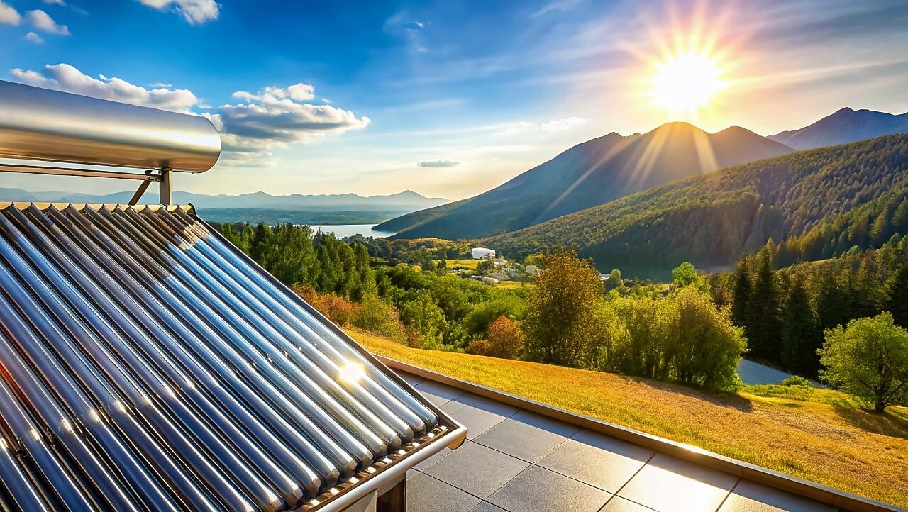 Dach mit Solarthermie vor sonniger Bergkulisse