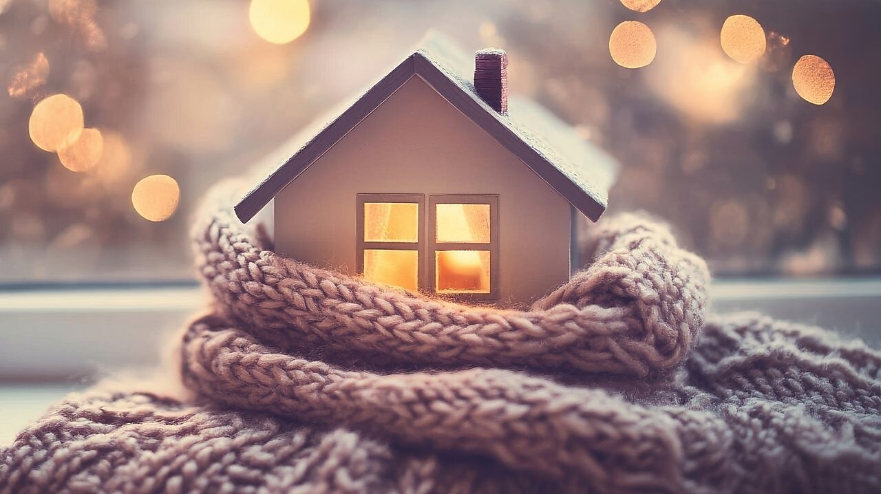 Winterszene mit einem kleinen Hausmodell in einem warmen Strickschal 