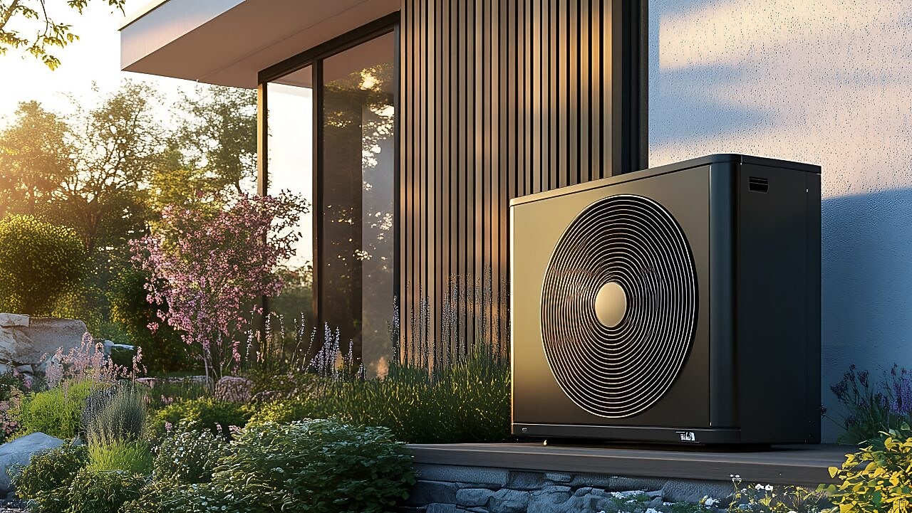 Eine Wärmepumpe an einem modernen Haus.