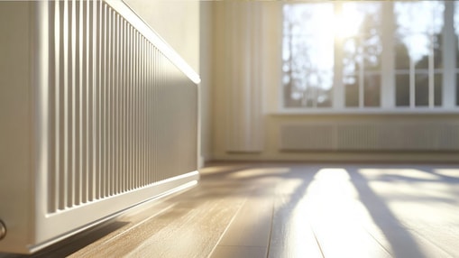 Ein helles Zimmer mit einer Heizung.