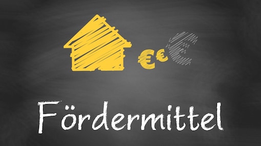 Illustration mit Haus-Symbol und Eurozeichen zum Thema Fördermittel.