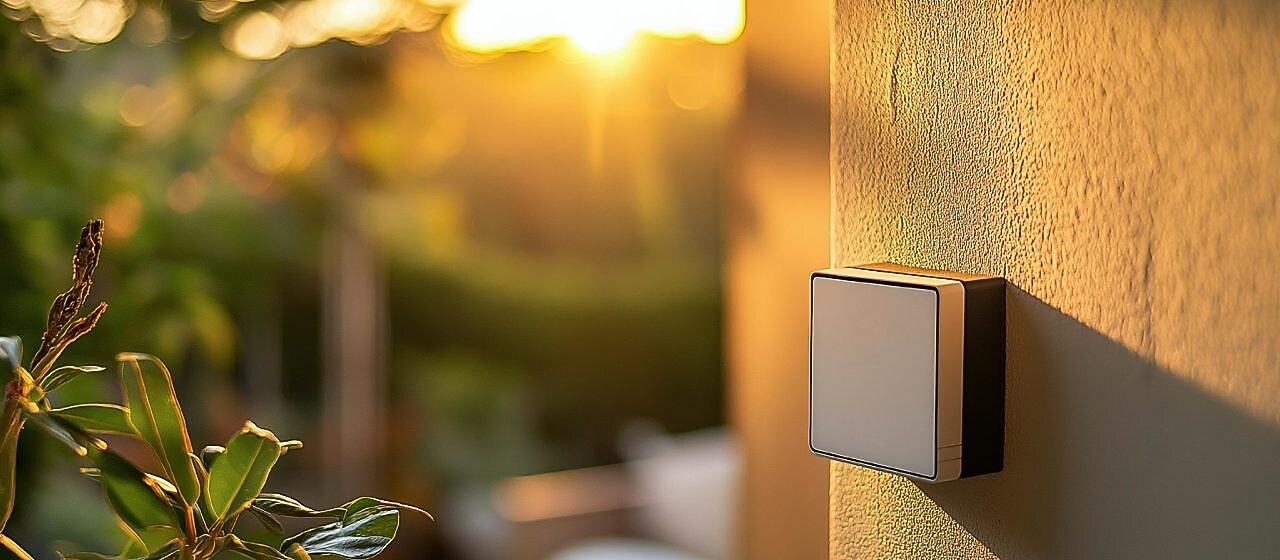 Ein Außentemperaturfühler an einer Hauswand.