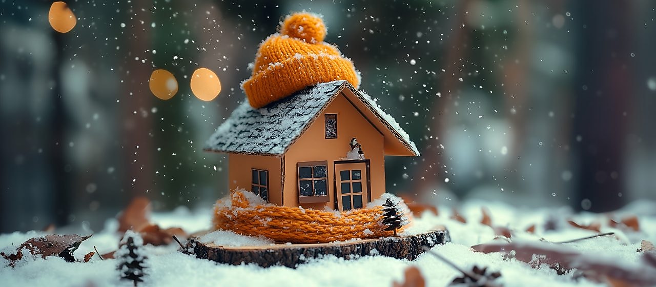 Ein Karton-Haus mit Mütze und Schal im Winter