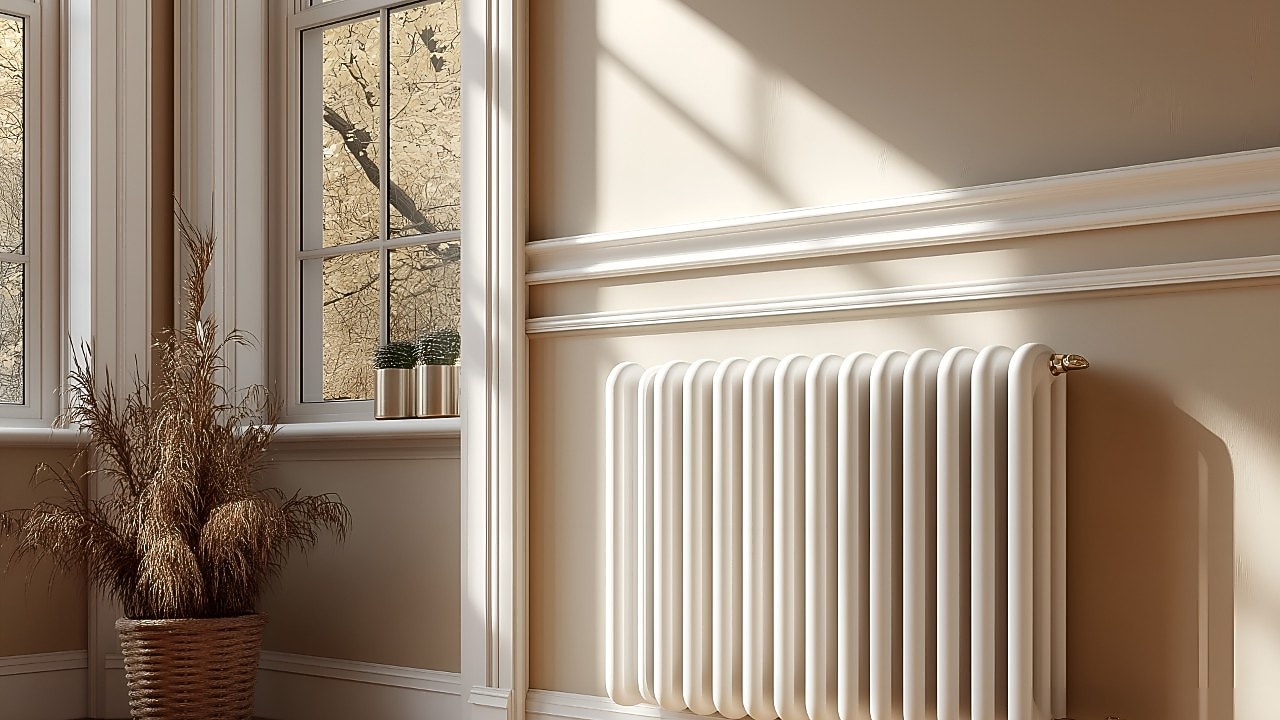 Ein Heizkörper an der Wand in einer modernen Altbauwohnung