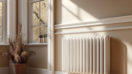 Ein Heizkörper an der Wand in einer modernen Altbauwohnung