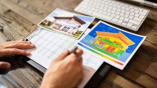 Thermoscan und Hausbild auf Clipboard auf Tisch mit Händen und Tastatur