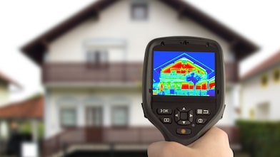 Thermoscanner mit Haus im Hintergrund