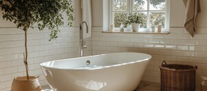 Eine moderne Badwann mit warmen Wasser in einem modernen Bad