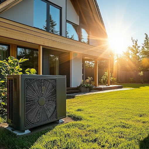 Eine Wärmepumpe in einem Garten vor einem modernen Haus