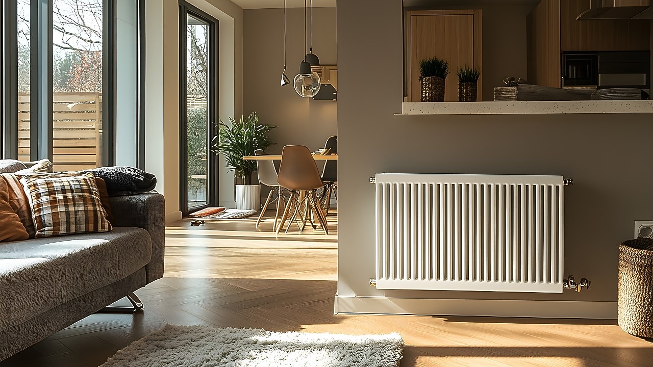 Eine moderne helle Wohnung mit einer Heizung