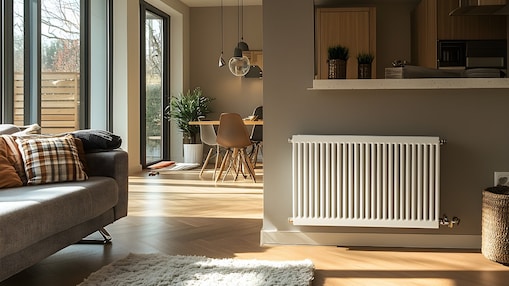 Eine moderne helle Wohnung mit einer Heizung