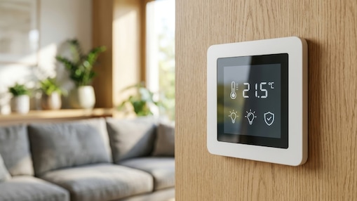 Intelligenter Wandthermostat zeigt 21,5 °C in einem modernen, hellen Wohnzimmer mit Sofa und Zimmerpflanzen.