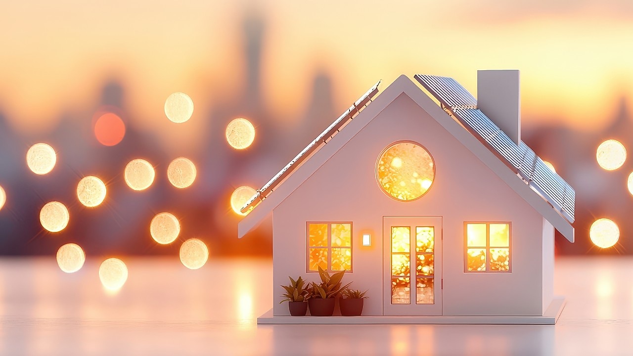 Ein Modellhaus mit vielen kleinen Lichtern und einem Solarpanel auf dem Dach