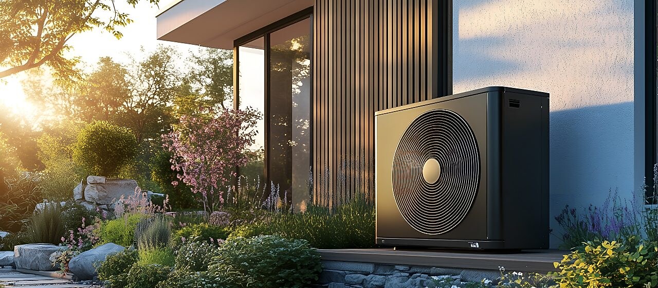 Eine Wärmepumpe an einem modernen Haus.