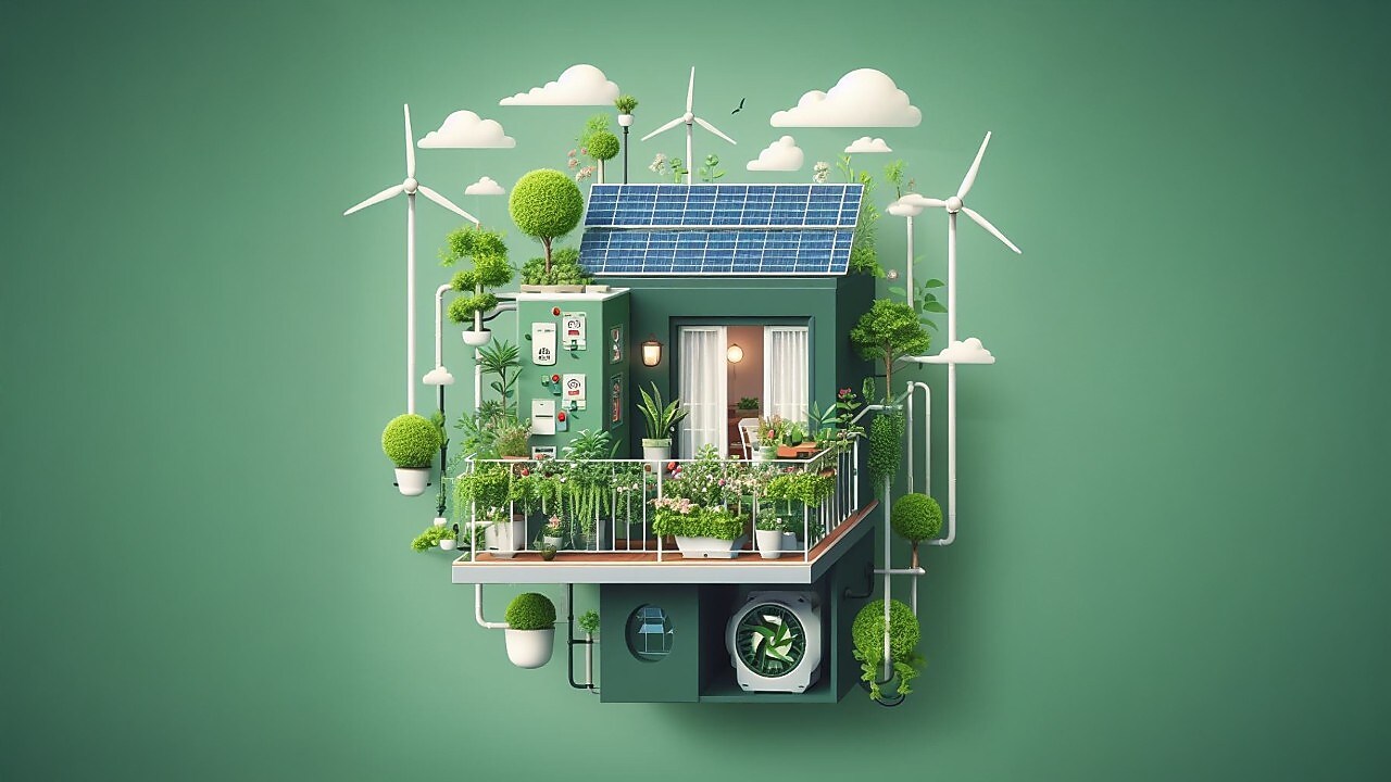 Illustration eines Balkonkraftwerks mit Windrädern und vielen Pflanzen