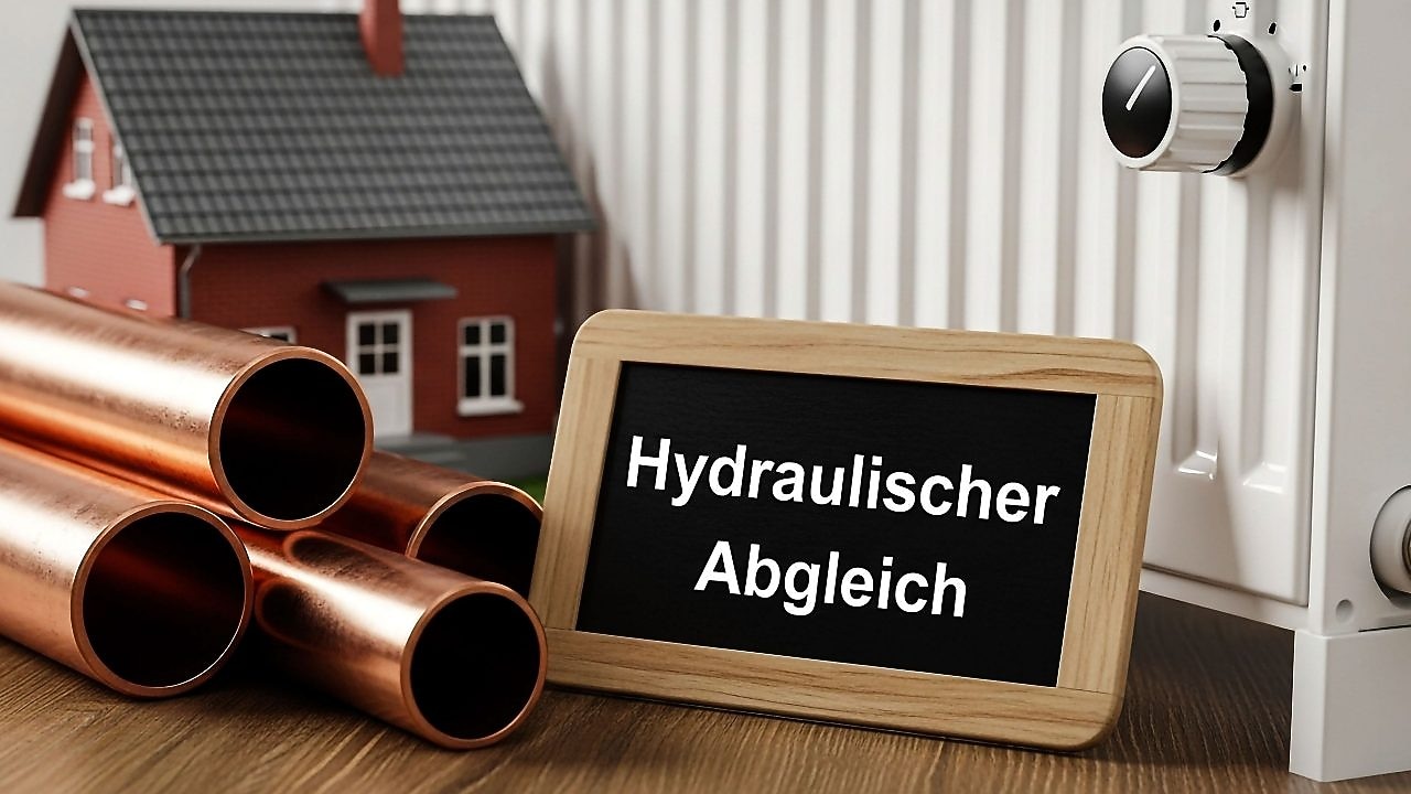 Kupferrohre, ein Modellhaus und ein Heizkörper mit Thermostat; davor steht eine Tafel mit der Aufschrift „Hydraulischer Abgleich“.