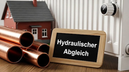 Kupferrohre, ein Modellhaus und ein Heizkörper mit Thermostat; davor steht eine Tafel mit der Aufschrift „Hydraulischer Abgleich“.