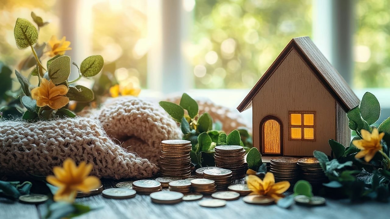 Miniatur-Holzhaus mit Münzstapeln, Blumen und Sonnenlicht im Hintergrund