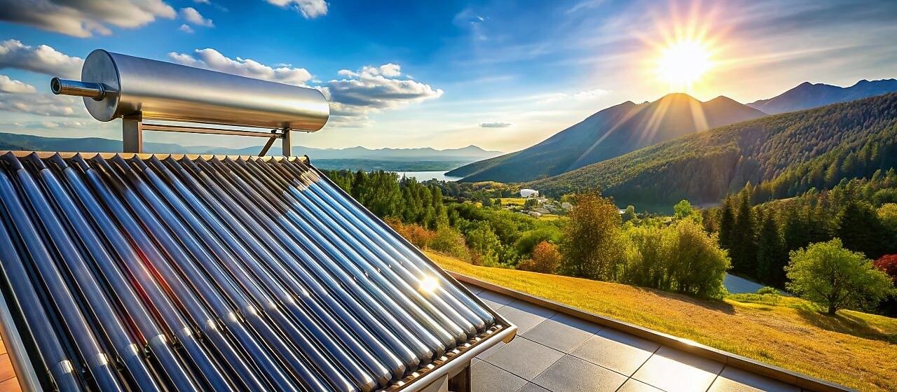 Dach mit Solarthermie vor sonniger Bergkulisse