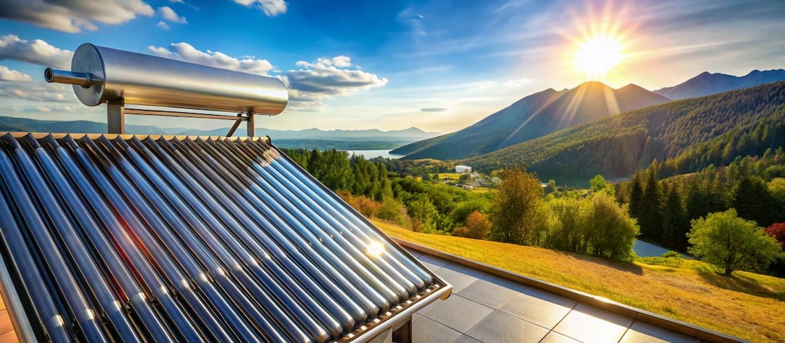 Dach mit Solarthermie vor sonniger Bergkulisse
