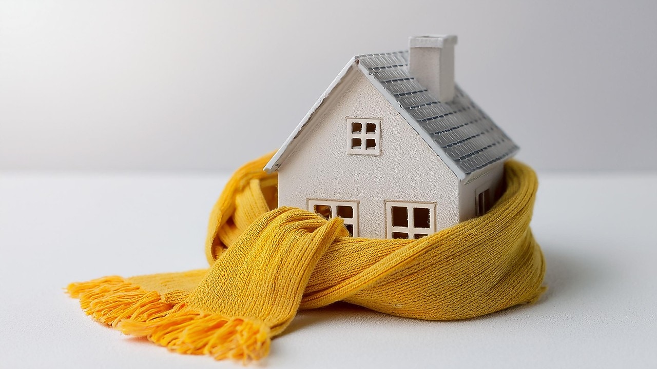 Miniaturhaus, eingehüllt in einen warmen gelben Schal, vor hellem Hintergrund.