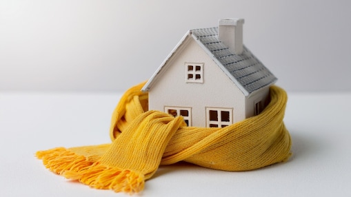 Miniaturhaus, eingehüllt in einen warmen gelben Schal, vor hellem Hintergrund. 