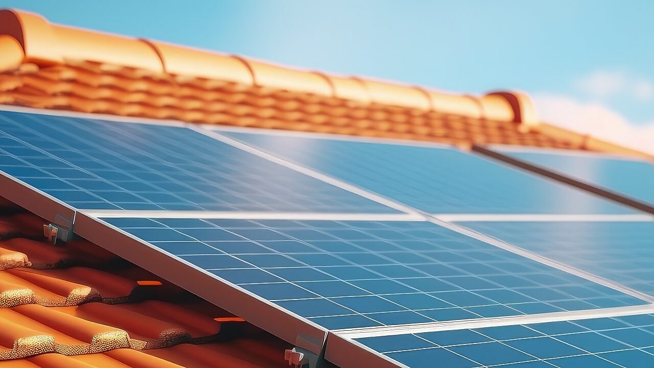 Ein modernes Dach mit Solarpanels an einem sonnigen Tag.