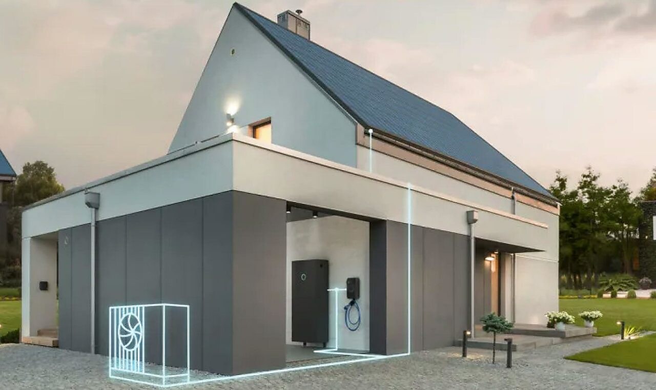 Ein modernes Haus von außen. In Neon eine Wärmepumpe eingezeichnet, die mit einer SonnenBatterie und der Solaranlage auf dem Dach verbunden ist.